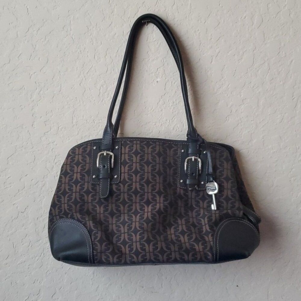 Vintage Fossil Signature Canvas Leather Trim Satchel Shoulder Bag Brown Black